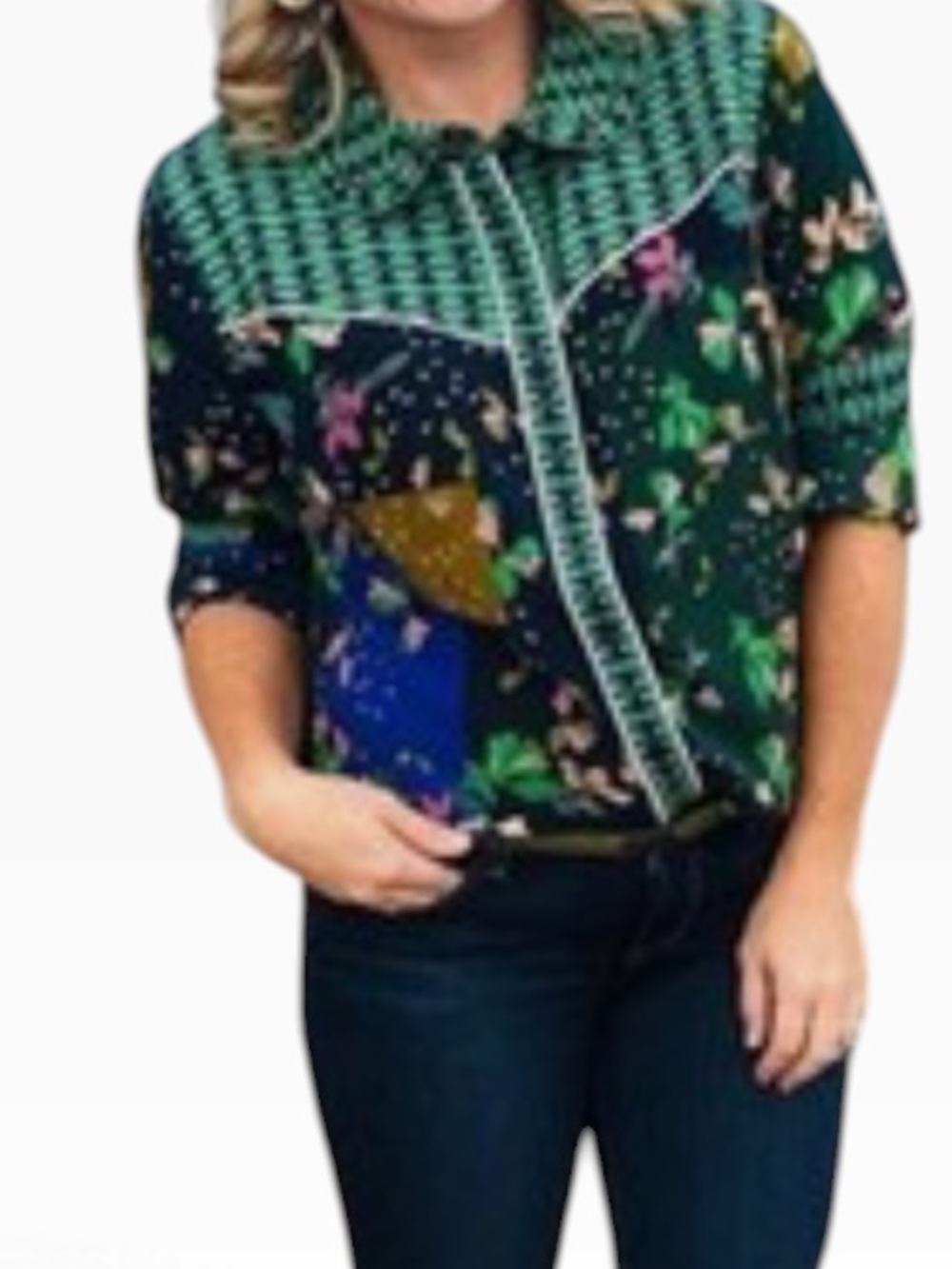 CAbi Green Floral Patchwork Western Style "Bronco" Blouse #5520 XS